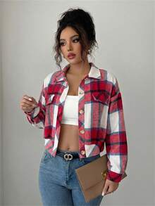 Chaqueta de tweed a cuadros para mujer, abrigo informal de manga larga con solapa con muescas, botones delanteros y bolsillos falsos para resort, primavera y otoño - Rojo - Ver 4