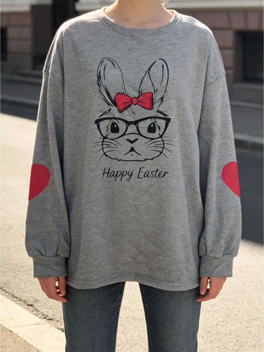 Oversized Graphic Sweatshirts For Women Easter Bunny Print Pullover Loose Fit Long Sleeve Tops For Spring Fall - 灰色 - 查看 1