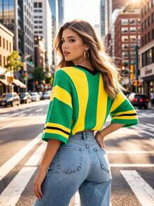 Women's Brazil Knit Blouse, Stylish And Elegant, Knitted Top, Contrasting Waist, Knitted Fabric, Vacation/Daily Wear, Autumn/Winter - 黃色 - 查看 2