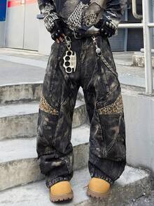 1pc Men'S Loose Black And Grey Denim Jeans |   Vintage Distressed Wash With Leopard Print Patches, Cargo Style With Multiple Panel Design, Y2K Street Hip-Hop Fashion, Available In Multiple Sizes (Belt And Additions Not Included) - Style - View 6