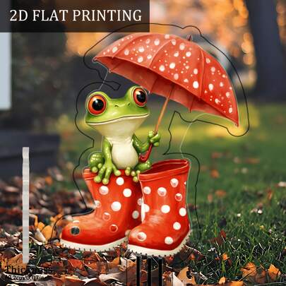 1pc 2D Flat Printed - Cute Frog With Red Umbrella Acrylic Garden Decor Column - Animal-Themed, Whimsical Outdoor Decor For Potted Plants, Yard And Summer Celebrations, Garden Art Decoration | Humorous Design | Plastic, Garden Decor, Suitable For 11 Festivals, Lightweight Decoration, Party Planner