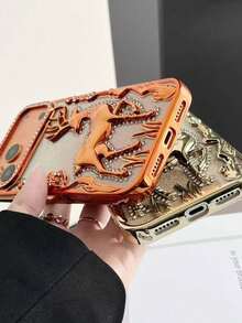 Luxuriöse 3D Hirsch Pailletten Strass Vergoldete transparente Handyhülle, geeignet für iPhone 17 Pro Max/17/16/15/14/13/12 Pro Max, modischer stoßfester Schutzüberzug - Gold - Übersicht 2
