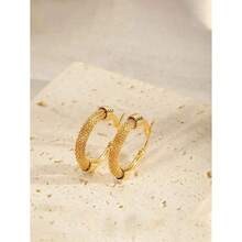 1pair Vintage Stainless Steel Round Hoop Earrings For Women With Geometric Metal Pendant, Fashion Jewelry Gift - Gold - View 2