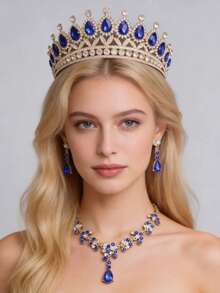 1/3/4pcs Rhinestone Queen Tiara & Jewelry Set - Zinc Alloy Crown, Rhinestone Necklace And Earrings, Suitable For Women Wedding, Dress And Events - Blue - View 1