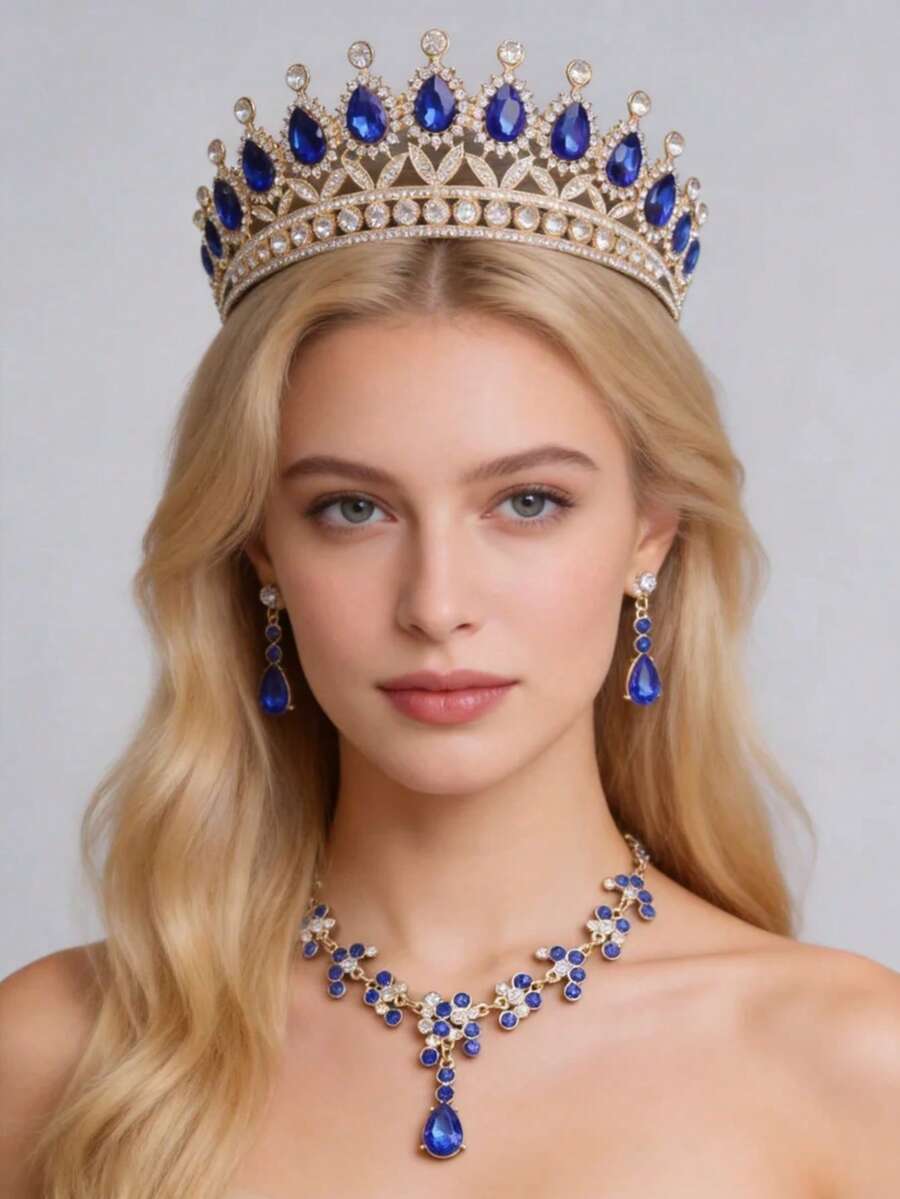 1/3/4pcs Rhinestone Queen Tiara & Jewelry Set - Zinc Alloy Crown, Rhinestone Necklace And Earrings, Suitable For Women Wedding, Dress And Events - Blue - View 1
