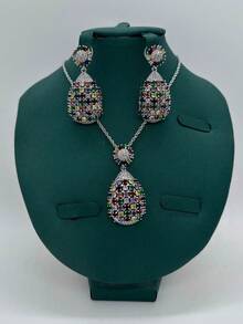 3pcs/Set.Colorful Zirconia Necklace Set.Copper Inlaid Shiny Zirconia Elegant Elegant Necklace & Earrings 2-Piece Jewelry Set.Suitable For Women's Daily, Party, Banquet Wear.Perfect Gift For Mother's Day, Valentine's Day - Colorful - View 4