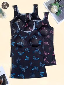 3pcs/Set Women's Minimalist Butterfly Print Camisole Tops With Padding, Slim Fit, Spring/Summer - Black - View 1