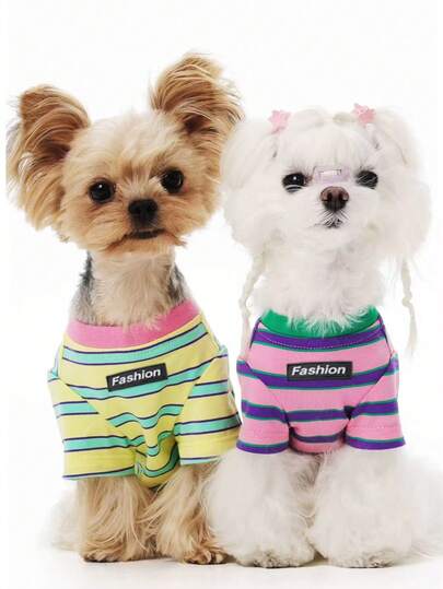 条纹狗狗猫咪T恤，可爱考拉印花，透气宠物服装，适合小型和中型犬猫，经典条纹日常穿搭，幼犬幼猫皆宜。