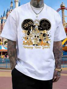 Disney 2026 New Year's Greeting Card T-Shirt, Sweatshirt With Mickey Mouse And His Friends, Castle And Fireworks Design, Casual Cotton Short-Sleeved Top Suitable For Men And Women, Shirt For New Year's Celebrations Or Outings. - White - View 1