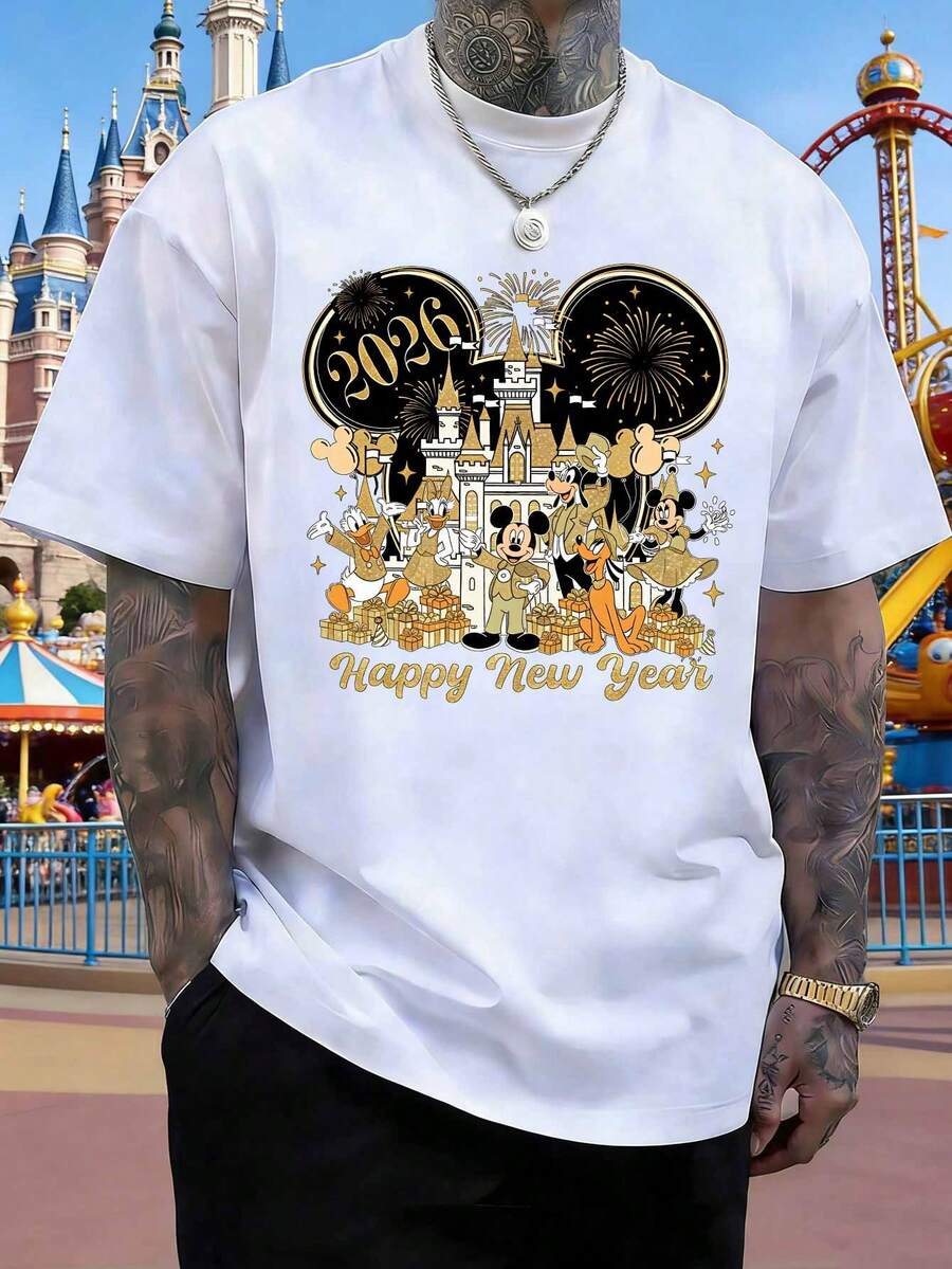 Disney 2026 New Year's Greeting Card T-Shirt, Sweatshirt With Mickey Mouse And His Friends, Castle And Fireworks Design, Casual Cotton Short-Sleeved Top Suitable For Men And Women, Shirt For New Year's Celebrations Or Outings. - White - View 1