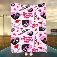 1PC Ghostface Y2K Horror Flannel Throw Blanket 50"X60" (Multiple Sizes) - All-Over Repeat Print With Pink Heart Ghostface,  & 'I'LL CUT YOU LIKE A FISH' Quote, Tapestry Wall Hanging, Halloween Gift, Room Decor, Perfect For Sofa, Bed, Office, Edgy Horror Gift - multicolour 14 - 查看 12
