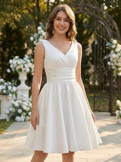 YUMIBRAVO 芭蕾舞裙式新娘婚纱，女士短款白色婚纱，褶皱胸前缎面婚纱礼服，无袖晚礼服，适合婚礼、生日派对、毕业典礼、情人节等正式场合的礼服