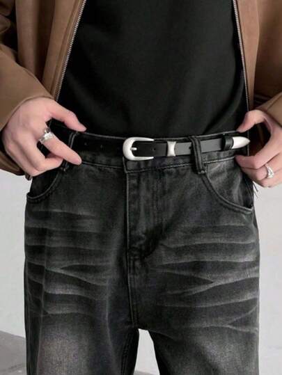 1 chiếc thắt lưng da nam phong cách retro Niche, thiết kế tối giản phù hợp với quần jeans, màu đen chất lượng cao, thích hợp mặc hàng ngày.