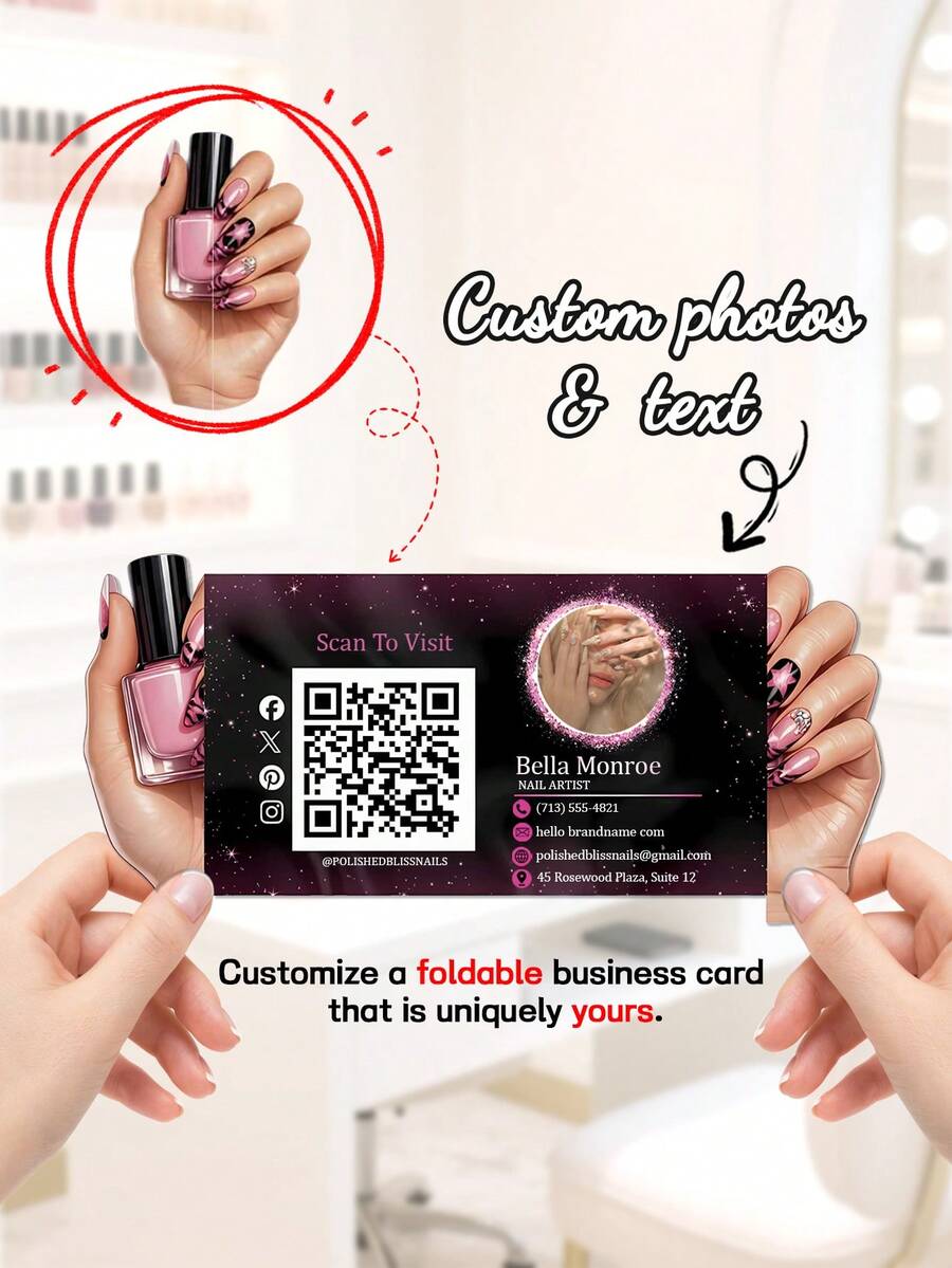 Customized Foldable Nail Technician Business Card Template, 200/500/1000 Pcs, Personalized With Photos And Text, Includes QR Code Design, Customized Pink And Black Fashionable Nail Salon Promotion Cards, Client Contact Cards - Multicolor - View 1