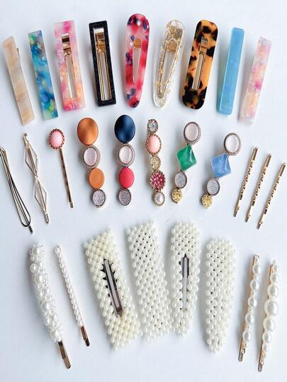 28件/套超大号大理石纹亚克力发夹，豹纹和几何图案发饰套装，适合春、夏、秋、冬四季佩戴，送礼或自用皆宜。