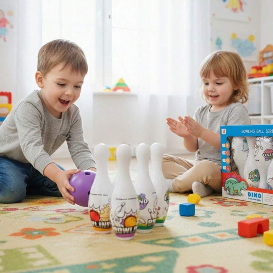 Casaisla Home Collection Boliche para Niños Diseño Dinos 10 Bolos y 2 Pelotas (+3 Años) Para Desarrollo Mano-Cerebro, Pensamiento Lógico e Interacción Padre-Hijo - Multicolor - Ver 1