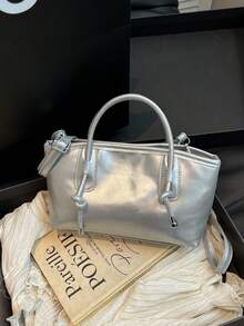 1个粉色绗缝拉链PU纯色保龄球包，大容量手提包，新款时尚复古风单肩包，适合女性日常使用，秋冬季 - 銀色 - 查看 7