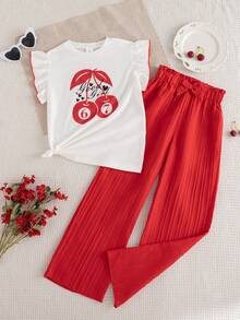 2 pièces/set Top sans manches imprimé de dessin animé décontracté et pantalon droit à volants et nœud décoratif pour filles, printemps/été - Rouge - Voir 1