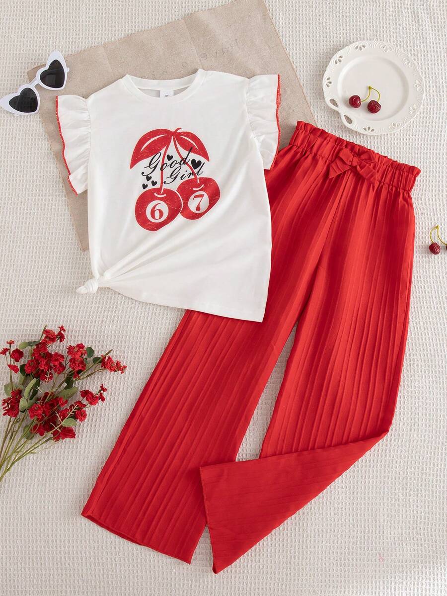 2 pièces/set Top sans manches imprimé de dessin animé décontracté et pantalon droit à volants et nœud décoratif pour filles, printemps/été - Rouge - Voir 1