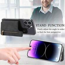 1pc Retro PU Leather Phone With Card Holder Pouch, Zip Wallet, Kickstand, Universal Desk Holder - Multicolor - View 3