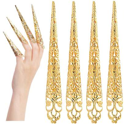 10pcs Nail Claw Rings, Vintage Queen Costume Fingertip Claw Type Ring Decor, Finger Joint Protection Accessories Suitable For Halloween Cosplay Drama Dance Performance - Silver
