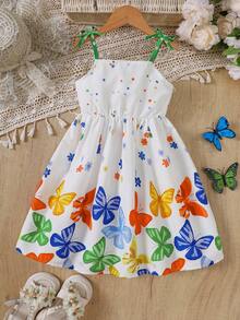 Young Girls' Butterfly Print Spaghetti Strap Bow Waist Cute Vacation Style Dress, Spring/Summer - White - View 1