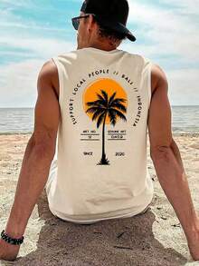 1 chiếc áo tank top nam mùa hè kiểu dáng thường ngày, cổ tròn, in chữ tiếng Anh và hình cây cọ - Màu be - Xem 1