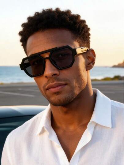 1副男士双梁方形镜框时尚眼镜，简约时尚高端设计，适合驾驶、旅行、休闲、户外、运动、日常佩戴。