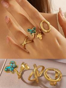 3pcs/Set Stainless Steel 18K Gold Plated Butterfly, Cross, And Line Design Open Rings, Suitable For Women's Daily Wear - Gold - View 2