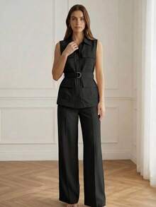 ADD MODA REF Y578 CONJUNTO ALFAIATARIA COM CALÇA E COLETE UTILITARIO COM BOLSOS E CINTO DE CINTURA - Preto - Visão 4