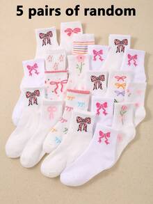 5/10/20 Pairs Girls White Knee High & Ankle Socks With Bow, Floral, Striped Designs, Breathable Soft Mesh, Suitable For 1-16 Years Old Children - Multicolor - View 23