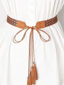 1pc Hollow Tassel Waist Belt, Versatile Fashion Waist Rope For Dresses, Shirts, Skirts, Faux Leather - Khaki - View 1