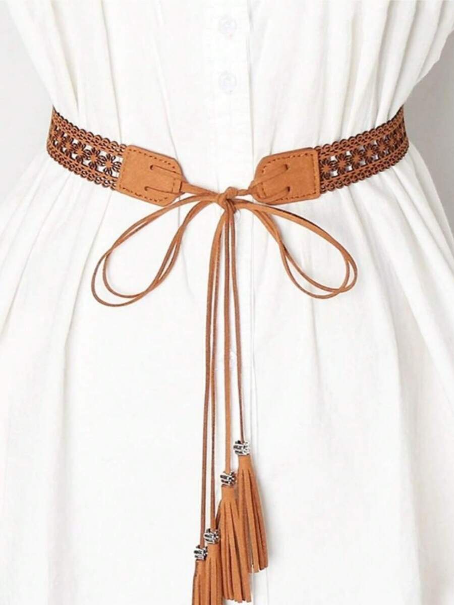 1pc Hollow Tassel Waist Belt, Versatile Fashion Waist Rope For Dresses, Shirts, Skirts, Faux Leather - Khaki - View 1