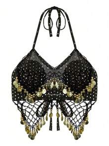 一件手工制作的女士露背吊带胸衣，饰有亮片珠串流苏系带，肚皮舞服装，露脐上衣，搭配亮片裙纱丽，灵感源自波西米亚风节日狂欢表演。适合节日、派对、夜店、海滩穿着，也可作为异域风情服饰装饰，展现波西米亚复古风情。 - 彩色 - 查看 19