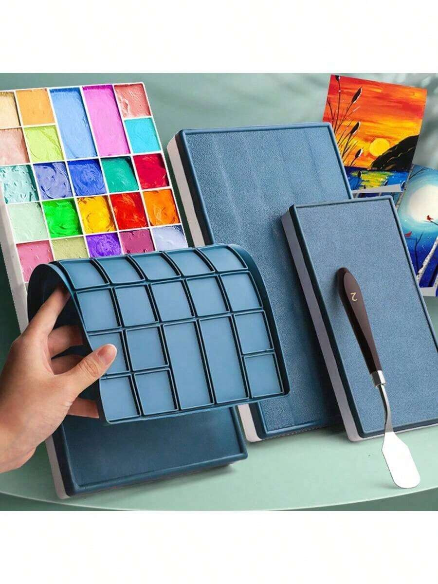便携式艺术家颜料调色盘 - 10/12/24/36/44/48格，保湿软盖，适用于丙烯颜料和水粉颜料，海洋蓝 - 單件 - 查看 1
