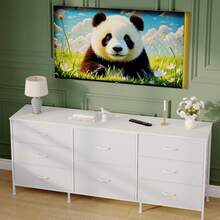 Beaully 8 Drawer Fabric Dresser With Wooden Top, TV Stand & Storage Organizer, Metal Frame Chest For Bedroom Living Room Closet, 63" W X 27" D X 14" H - 白色 - 查看 5