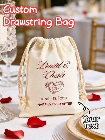 Customized Wedding Canvas Drawstring Bags, Personalized With The Bride And Groom's Names And Date, Featuring A "Happy And Blissful" Design. Suitable For Guests, Bridesmaid Invitation Bags, Small Jewelry Bags, Wedding Party Favors, Multi-Functional Storage Bags, Wedding Party Gift Bags, Compact And Portable