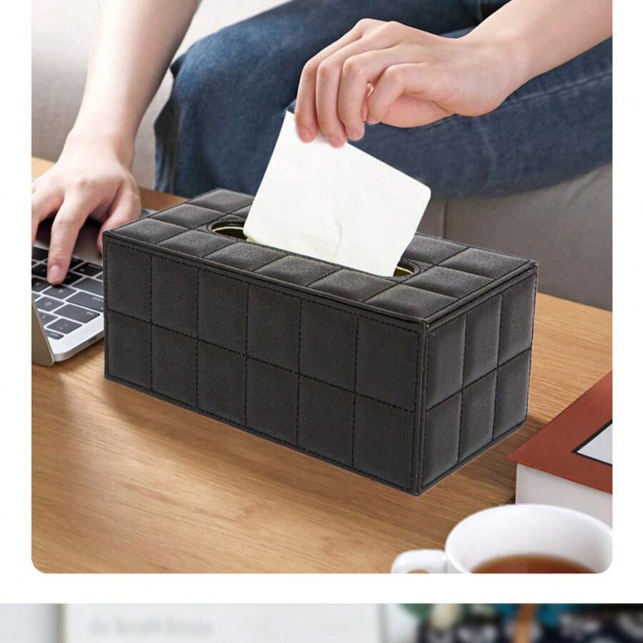 Large Plaid Rectangular PU Leather Tissue Box - Black - View 1