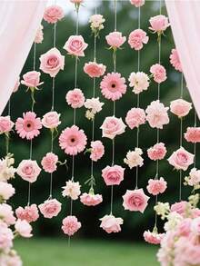 21pcs/Set Floral Waterfall Set, Mixed Pink Artificial Flowers And 1 Roll Transparent Ribbon, Fake Flower Decor, DIY Props For Wedding Party, Valentine's Day, Bridal Shower, Birthday Room Decoration (Flower Color Random) - Multicolor - View 3