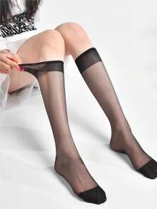1pc Women's Transparent Thigh High Stockings, Anti-Snag, Skin-Friendly Nude Color, Versatile Mid-Calf Socks, Suitable For Spring & Autumn - Multicolor - View 3