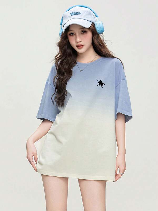 Camiseta de manga corta holgada con estampado para mujer, de uso casual en exteriores y en el hogar, en estilo ombré crema, para primavera y verano JUTU