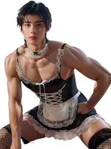 Men's Three Piece Butler Suit, Sexy Collar, Mesh Socks, And Butler Outfit, Suitable For Flirting, Sleepwear, And Role-Playing Parties - Bộ trang phục người hầu nam + tất lưới đen + vòng cổ và chuông cùng màu - Xem 4