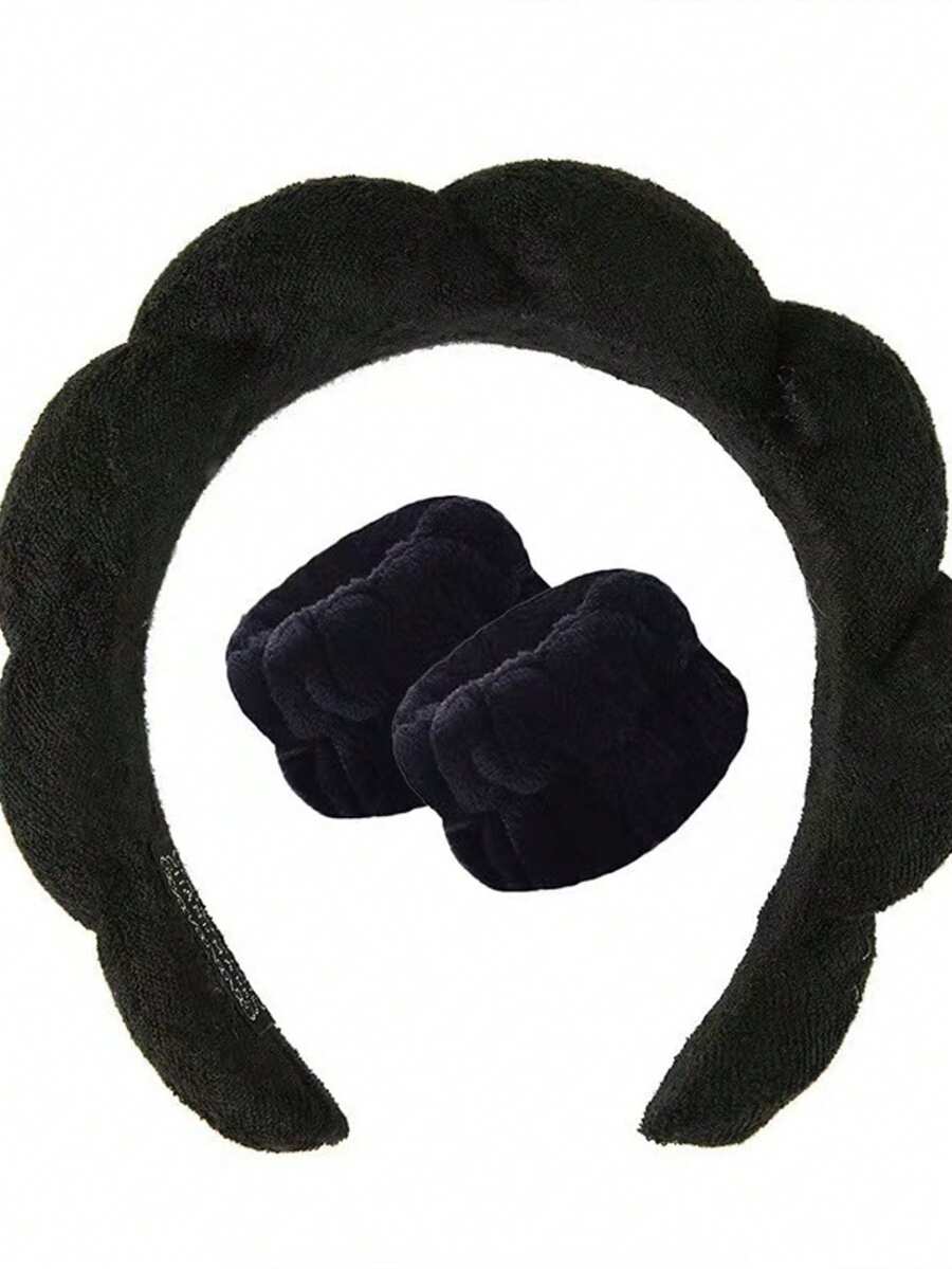 1pc Velvet Headband + 2pcs Wristbands, Suitable For Spa, Skincare, Makeup And Hairstyling, Hair Accessories Beauty Home Bedroom Decor Hairband Hair Hoop - Black - View 1