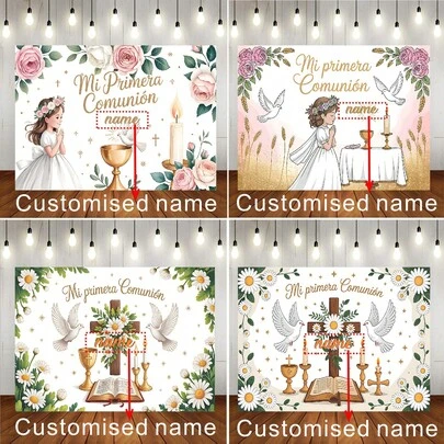 Customizable Name First Communion Baptism Backdrop Pink Floral Daisy Cross Bible Gold Chalice Candle Cross Pattern Decor Suitable For Weddings, Birthdays, Baby Showers, And Other Party Backdrop Decor Photography Banners Vinyl