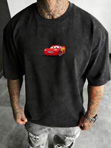 Disney-Disney Pixar Collaboration Pure Cotton Short Sleeved T-Shirt Men's Summer Loose Plus Size Top Racing Mobilization Mickey Lightning McQueen Board Teeth Cartoon Print Casual Half Sleeved Parent-Child Outfit - 黑色 - 查看 2