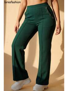 Pantalón de vestir mujer cintura alta pierna ancha stretch crepé casual elegante para oficina reuniones eventos bolsillos pretina elasticada botón forrado antiarrugas sin transparencia suave - Verde militar - Ver 5
