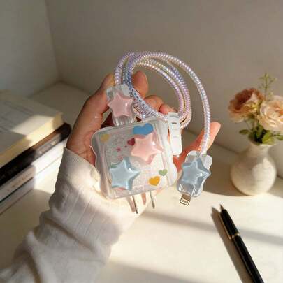 5件套蓝色和粉色星波纹贝壳式数据线保护套，兼容 18-20W充电器，防止数据线断裂