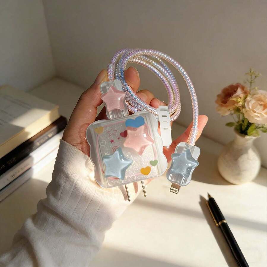 5件套蓝色和粉色星波纹贝壳式数据线保护套，兼容 18-20W充电器，防止数据线断裂 - 無色 - 查看 1