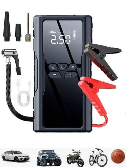 Bộ kích nổ xe hơi tích hợp máy nén khí, pin dự phòng - Sạc nhanh điện thoại thông minh, sạc ắc quy ô tô, đèn LED khẩn cấp, bơm hơi nhanh, cảm biến áp suất lốp, bộ kích nổ xe hơi 12V di động