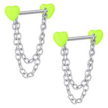1对14G不锈钢直杆双心形乳环和舌环，带链条，男女通用，长度16毫米，身体穿刺饰品 - 銀色 - 查看 18
